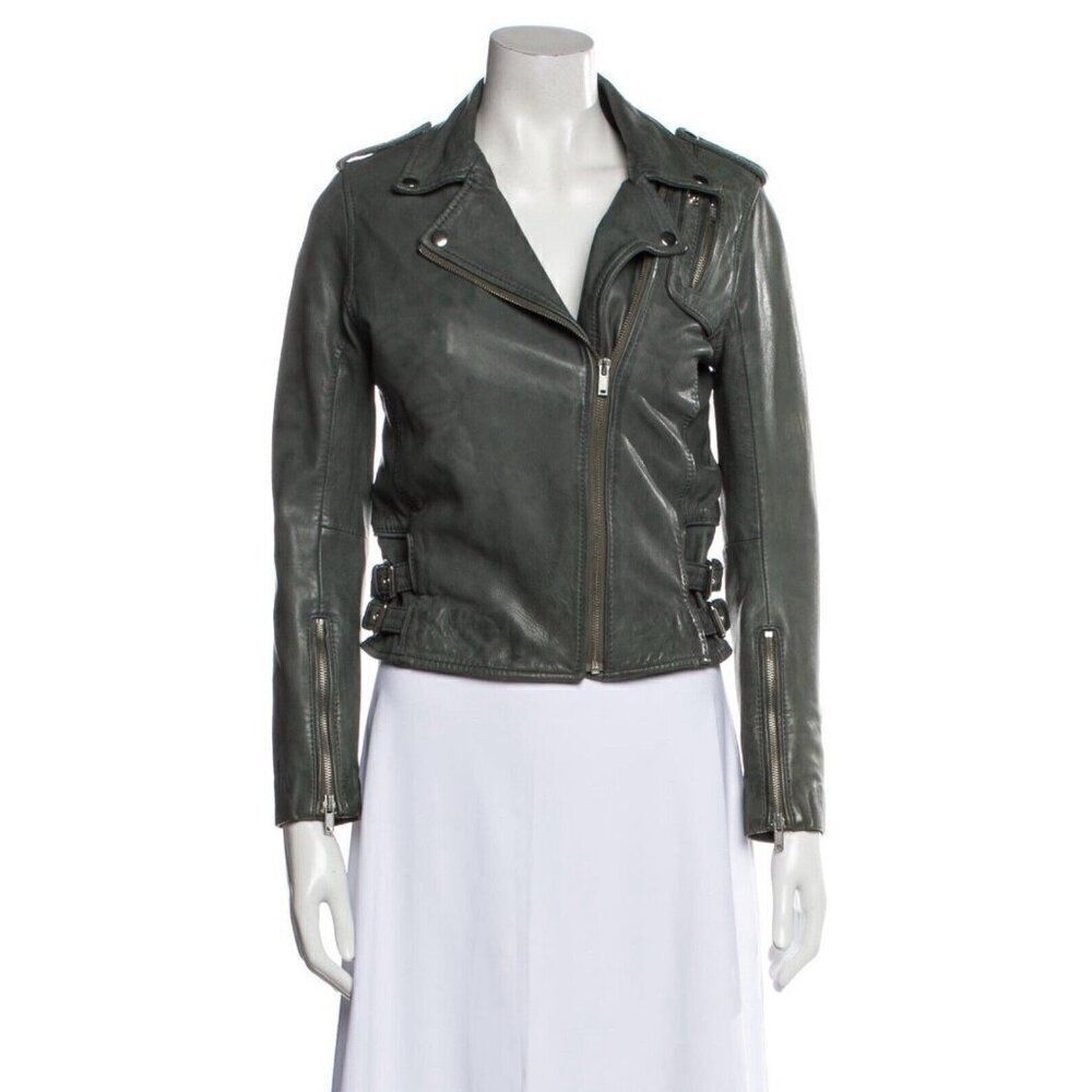 Maje Authentic Solid Sage Green Lamb Leather Biker Moto Jacket 36 Small